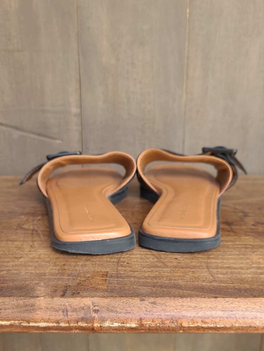 EUC Anthropologie Buckle Slides Women's sz 37/6.5US Cedar/Black Leather Sandals - Picture 3 of 10